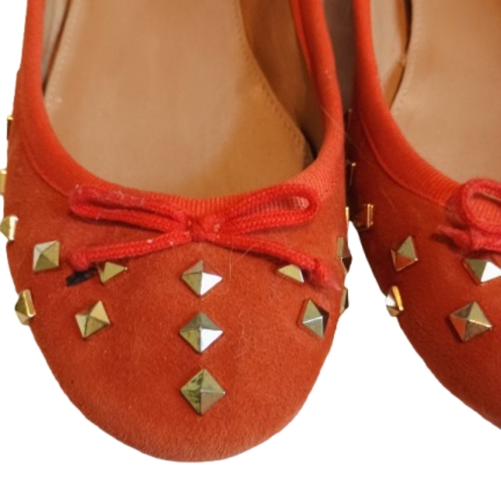J.Crew Womens Ballet Flats Shoes Orange Suede Slip On Studded Round Toe Bow - Picture 14 of 16